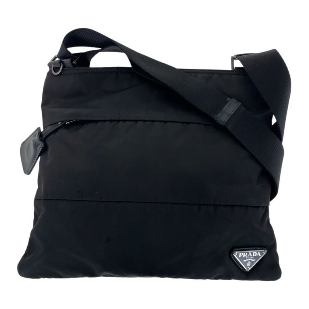 Prada Tessuto Triangle Logo Plate Black Silver Hardware Nylon Leather